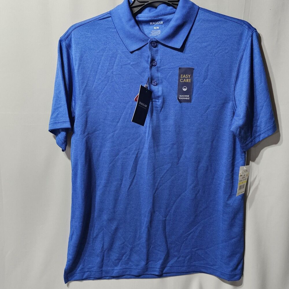 Haggar Mens Cool 18 Pro Blue Heather Short Sleeve Polo Shirt Size Medium New